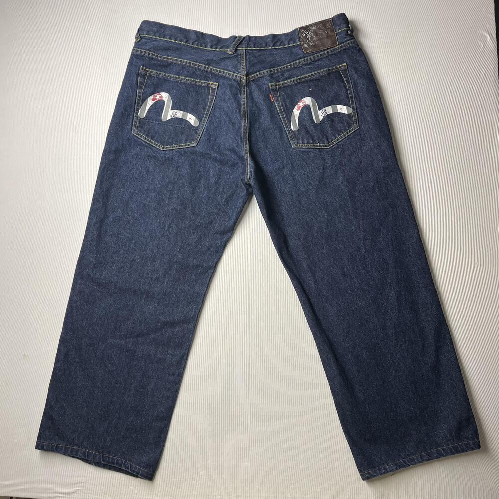 EVISU Jeans Mens 42x28 Blue Dark Wash Relaxed Straight Leg Logo Denim Pockets